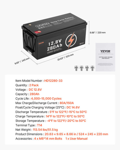 2 Pack 12V 280Ah LiFePO4 Battery, Up to 15000 Cycles, Deep Cycle Lithium Iron Phosphate Battery with Built-in BMS, Low Temp Protection, 10 Years Lifetime, for Solar Off-Grid Home Energy Storage