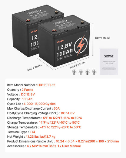 2 Pack 12V 100Ah LiFePO4 Battery, Up to 15000 Cycles, Deep Cycle Lithium Iron Phosphate Battery with Built-in BMS, Low Temp Protection, 10 Years Lifetime, for Solar Off-Grid Home Energy Storage