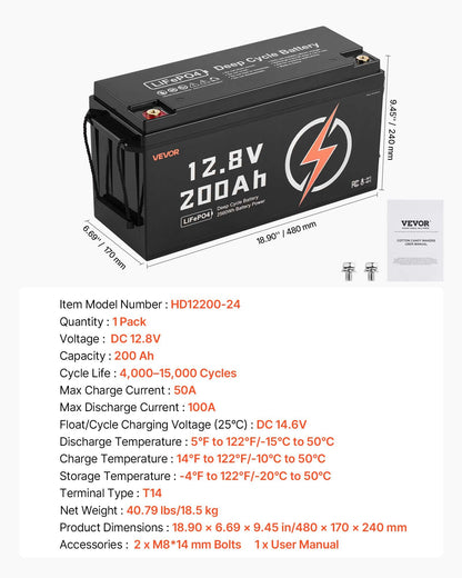 12V 200Ah LiFePO4 Battery, Up to 15000 Cycles, Deep Cycle Lithium Iron Phosphate Battery with Built-in BMS, Low Temperature Protection, 10 Years Lifetime, for Solar Off-Grid Home Energy Storage