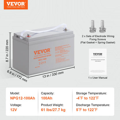 Deep Cycle Battery, 12V 100 AH, AGM Marine Rechargeable Battery, High Self-Discharge Rate 800A Current, for RV Solar Marine Off-Grid Applications UPS Backup Power System