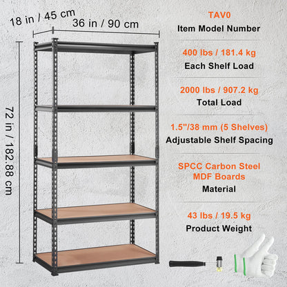 Storage Shelf, 5-Tier Adjustable, 2000 lbs Capacity, Heavy Duty Garage Shelves Metal Organizer Utility Rack, Black, 36" L x 18" W x 72" H for Kitchen Pantry Basement Bathroom Laundry