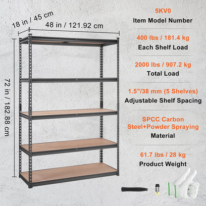 Storage Shelving Unit, 5-Tier Adjustable, 2000 lbs Capacity, Heavy Duty Garage Shelves Metal Organizer Utility Rack, Black, 18" D x 48" W x 72" H for Kitchen Pantry Basement Bathroom Laundry