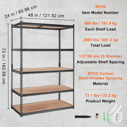 Storage Shelving Unit, 5-Tier Adjustable, 2000 lbs Capacity, Heavy Duty Garage Shelves Metal Organizer Utility Rack, Black, 48" L x 24" W x 72" H for Kitchen Pantry Basement Bathroom Laundry