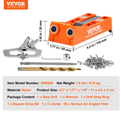 Pocket Hole Jig, 56 Pcs Mini Jig Pocket Hole System with 9" C-clamp, Step Drill, Wrench, Square Drive Bit, Drill Stop Ring, and Screws, for DIY Carpentry Projects