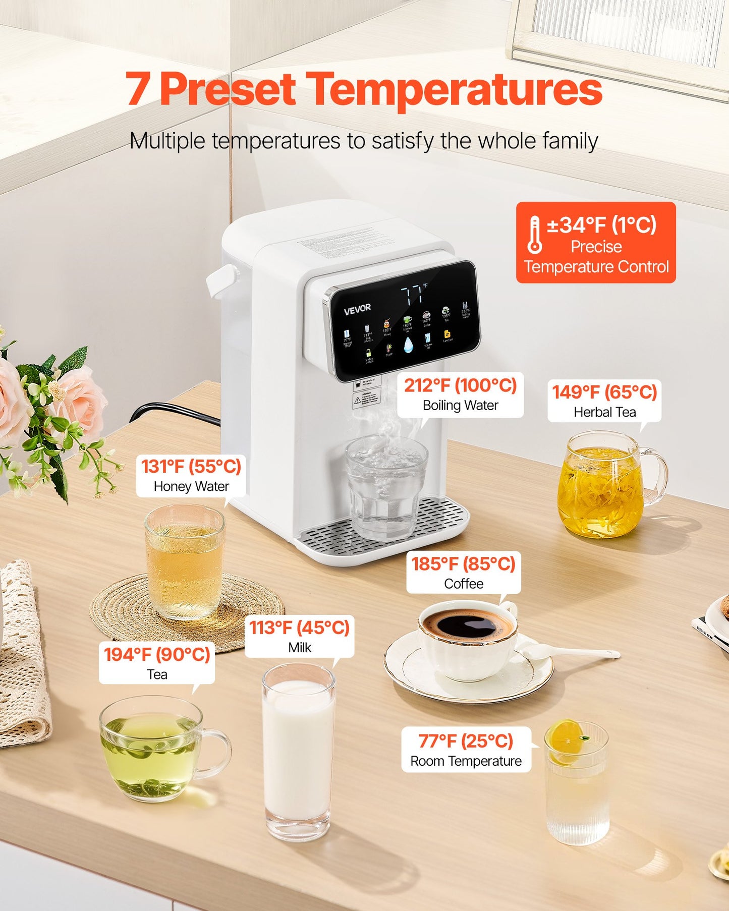 Instant Hot Water Dispenser, Countertop Boiling Water Dispenser with Adjustable 7 Temperatures & 7 Water Volumes, 118oz Removable Water Tank, Quick Heating with Touchscreen & Child Lock for Home