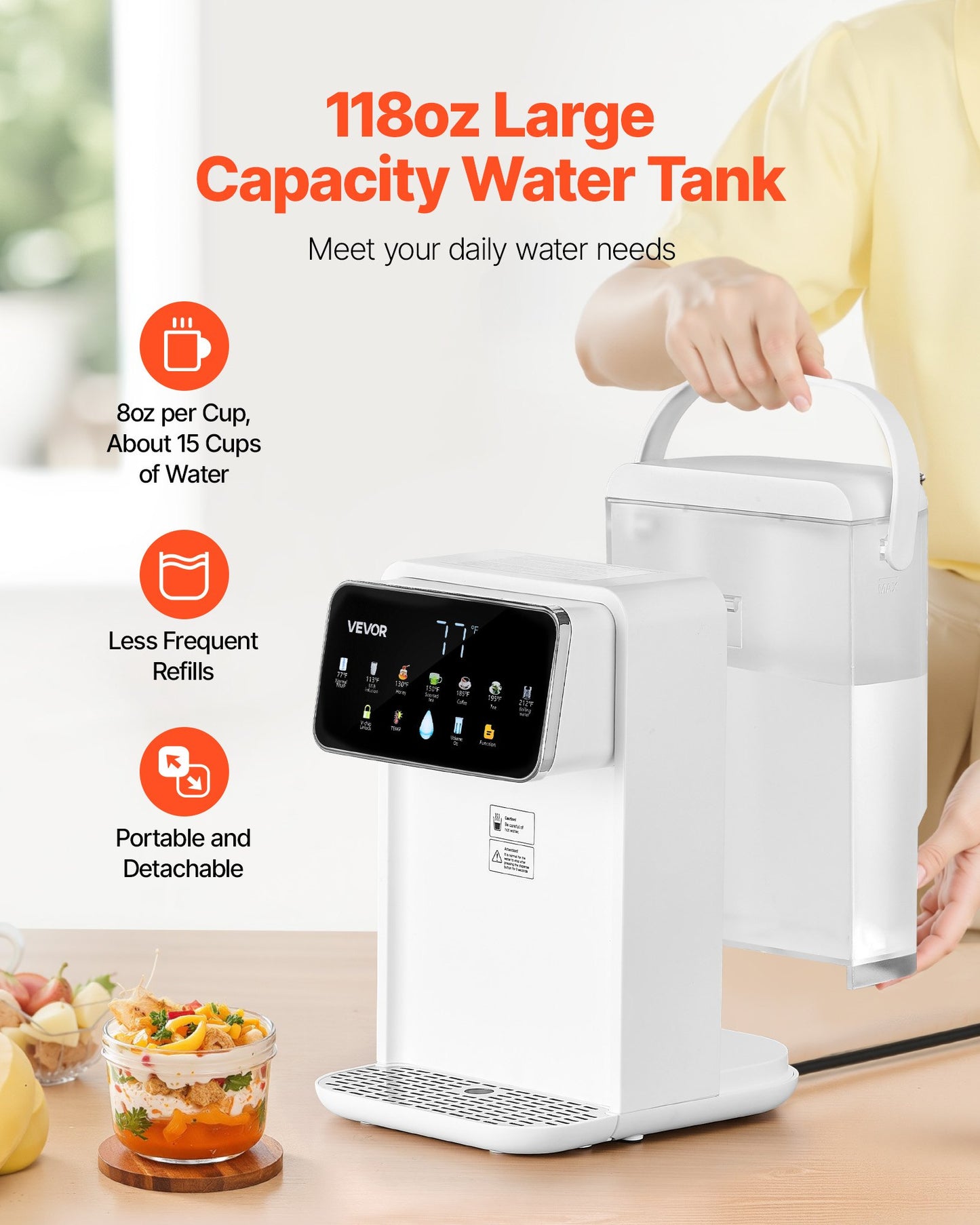 Instant Hot Water Dispenser, Countertop Boiling Water Dispenser with Adjustable 7 Temperatures & 7 Water Volumes, 118oz Removable Water Tank, Quick Heating with Touchscreen & Child Lock for Home