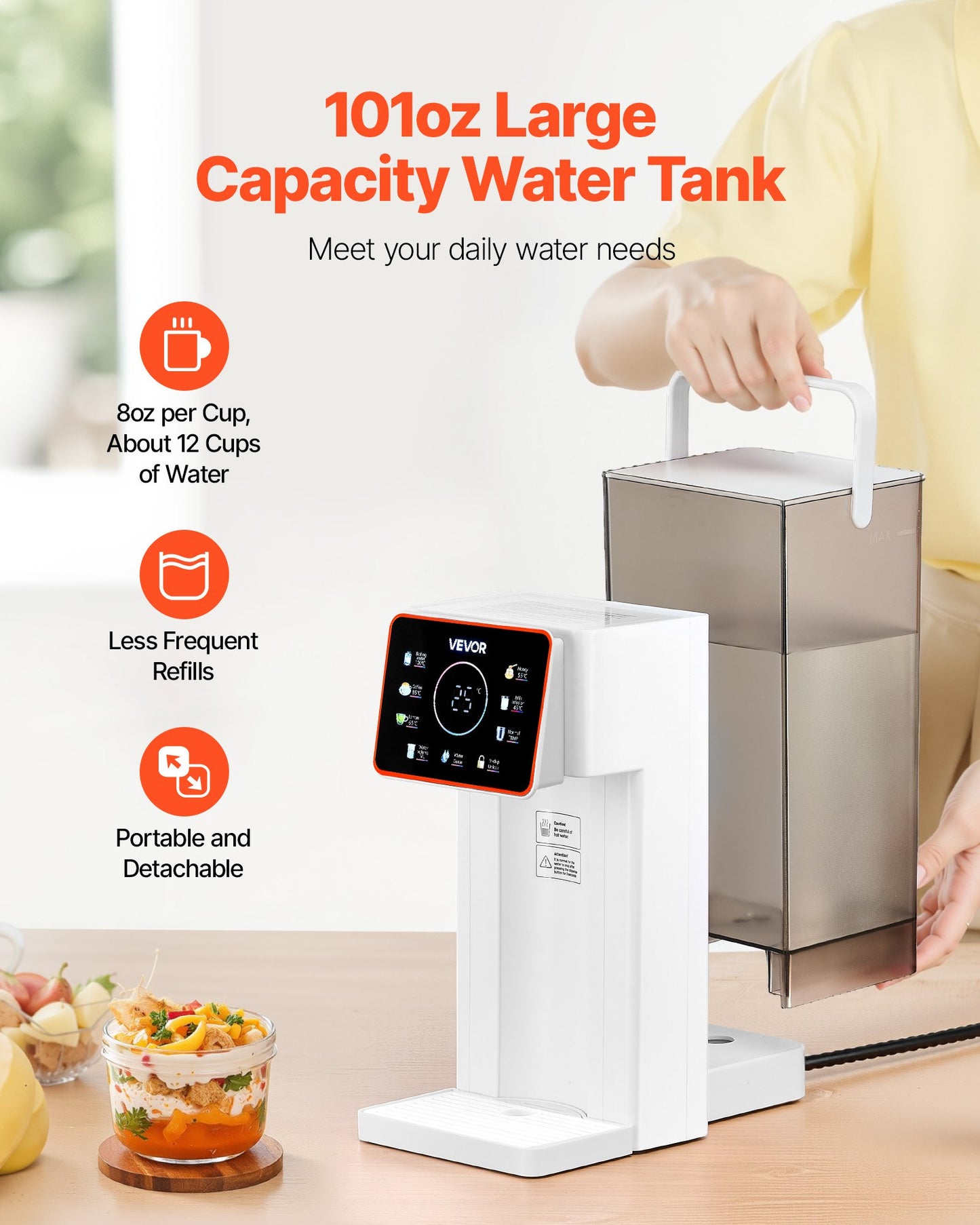 Instant Hot Water Dispenser, Countertop Boiling Water Dispenser with Adjustable 6 Temperatures & 7 Water Volumes, 101oz Removable Water Tank, Quick Heating with Touchscreen & Child Lock for Home