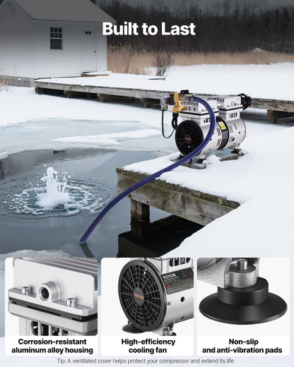 Pond Aerator, 550W Power, 5.2CFM for Up to 3 Acre 50' Lake, Pond Aeration Kit Includes 3/4 HP Compressor & Timer & Valves, Air Compressor for Deep Water Oxygen Circulation, for Pond, Lake