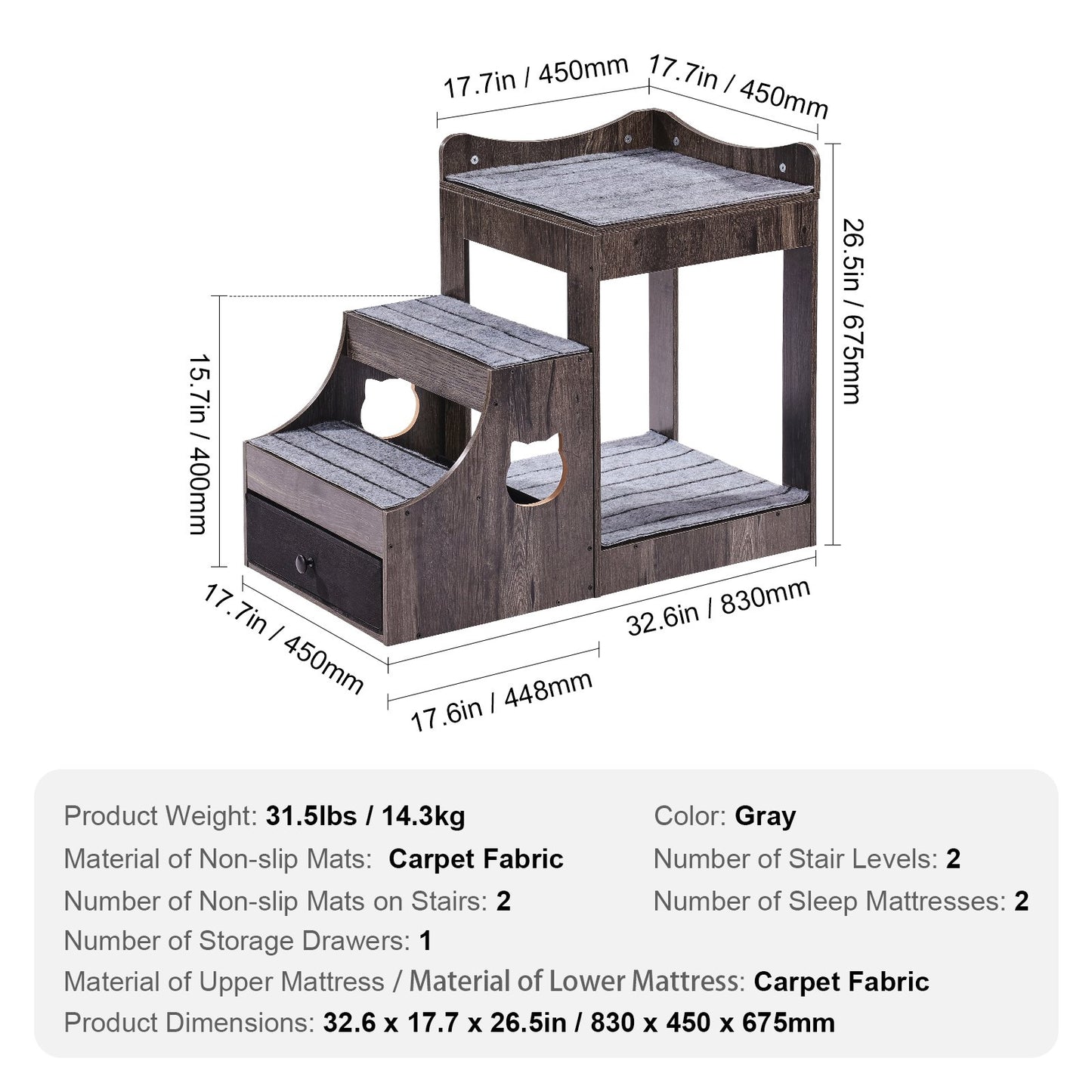 Haustier-Etagenbett mit Treppe, Fenstersitzstange für Hunde/Katzen mit Stauraum für den Innenbereich, Grau