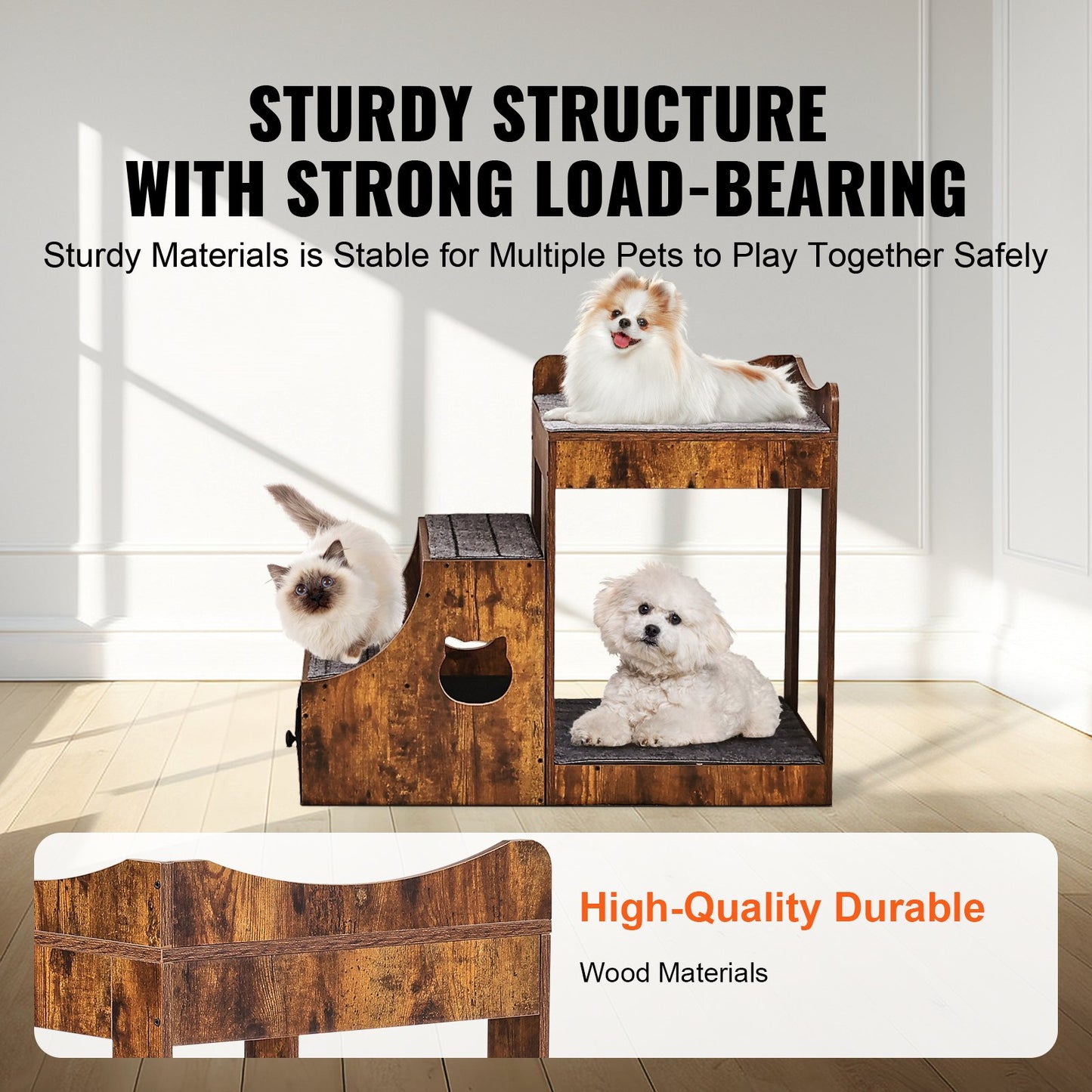 Haustier-Etagenbett mit Treppe, Fenstersitzstange für Hunde/Katzen, mit Stauraum im Innenbereich, Braun