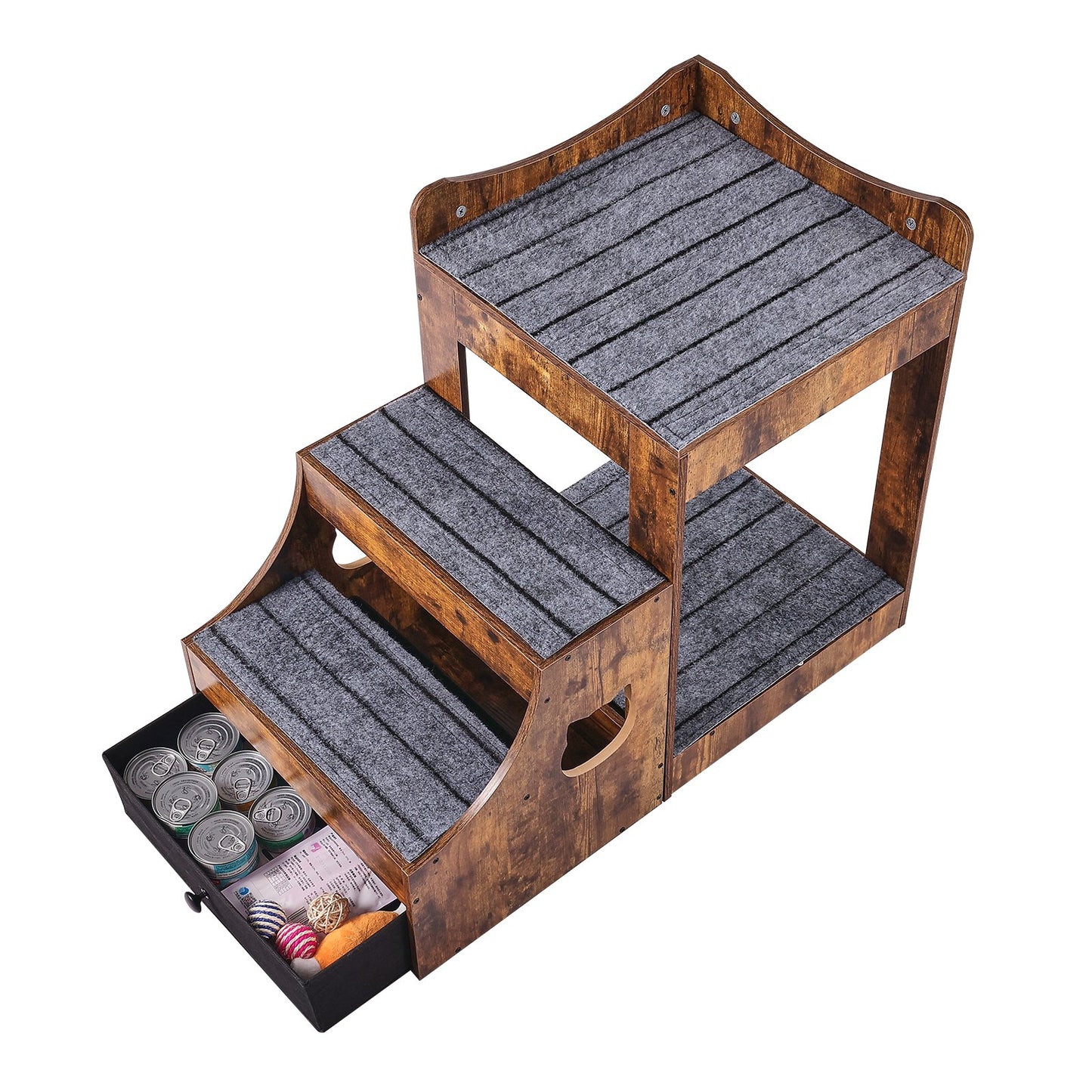 Haustier-Etagenbett mit Treppe, Fenstersitzstange für Hunde/Katzen, mit Stauraum im Innenbereich, Braun