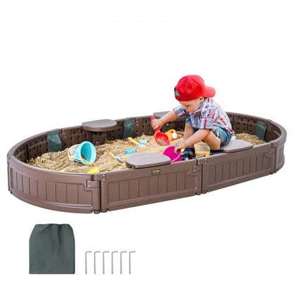 Sandbox with Cover, 72 x 41.5 x 9.1 in Oval Sand Box, HDPE Sand Pit with 4 Corner Seating and Bottom Liner, Kids Sandbox for Outdoor Backyard, Beach, Park, Gift for Boys Girls Ages 3-12, Brown