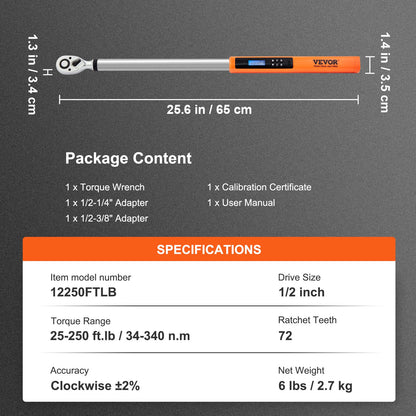 Digital Torque Wrench, 1/2" Drive Electronic Torque Wrench, Torque Wrench Kit 25-250ft.lb/34-340n.m Torque Range Accurate to ±2%, 3-Mode Adjustable Torque Wrench Set with LED Buzzer Calibration