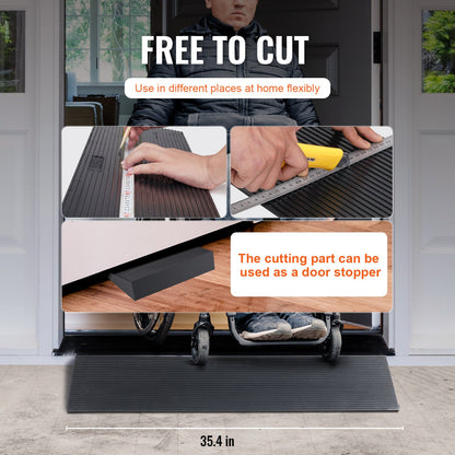 1.2" Rise Cuttable Threshold Ramp for Sweeping Robot, 35.4" Wide Natural Rubber Wheelchair Ramp, Non-Slip Solid Rubber Ramp with Double-Sided Tape for Doorways, Driveways, Bathroom, Smooth Tile