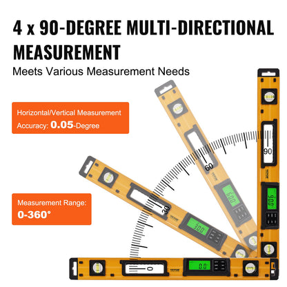 Magnetic Torpedo Level, 600mm, LED Backlit Screen Mechanical Bubble Vials Ruler for 0-360 Degree, Gravity Sensor Aluminum Alloy Leveler Tool w/ Viewing Window, Shock-Resistant for Plumbing, Wood