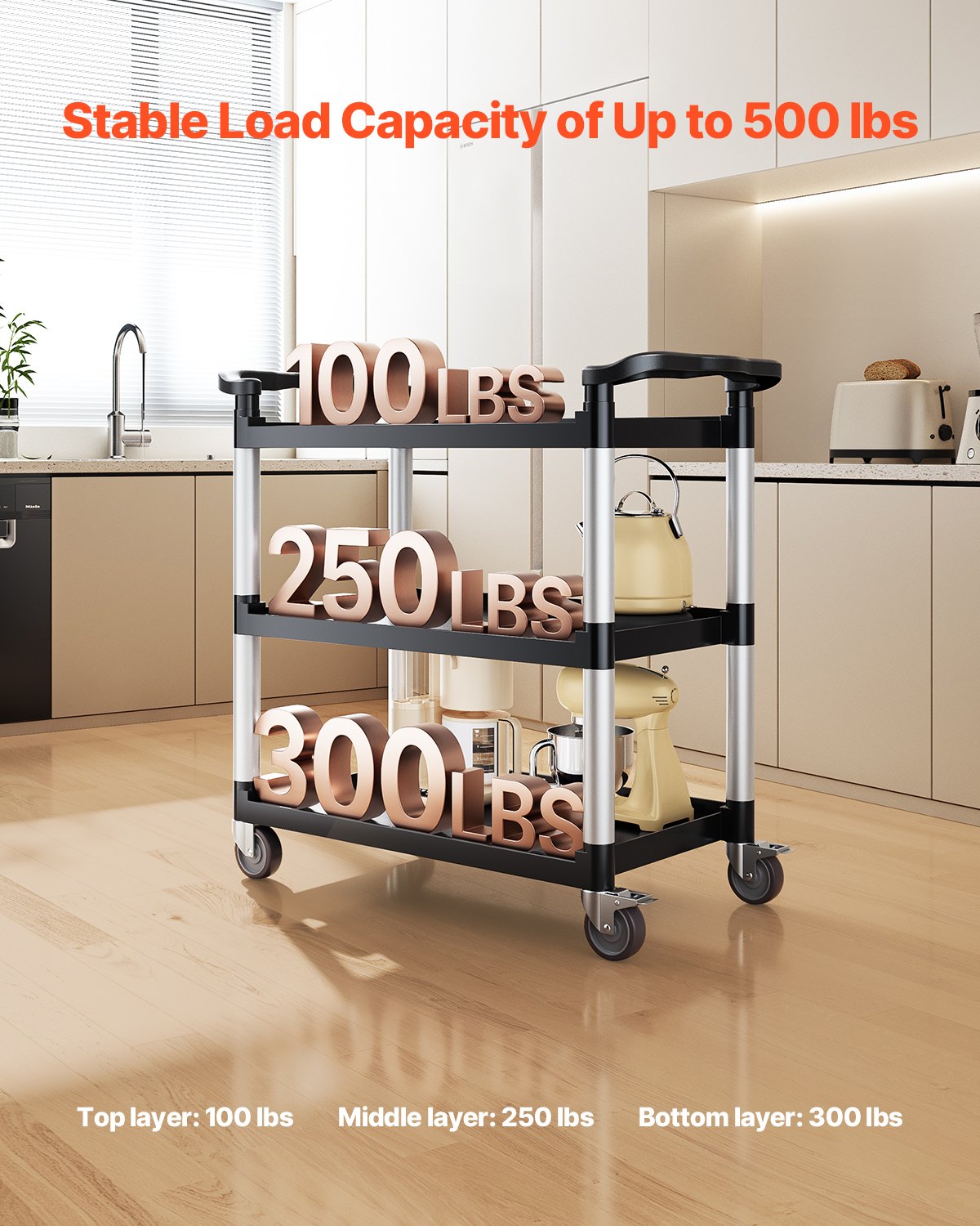 Utility Cart, 500 lbs Load Capacity, 3-tier Utility Plastic Cart with 360° Swivel Wheels (2 with Brakes), 31.1 x 19.3-inch Food Service Cart for Warehouse, Office, Home, Restaurant, Kitchen