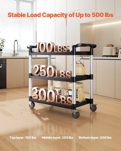 Utility Cart, 500 lbs Load Capacity, 3-tier Utility Plastic Cart with 360° Swivel Wheels (2 with Brakes), 31.1 x 19.3-inch Food Service Cart for Warehouse, Office, Home, Restaurant, Kitchen