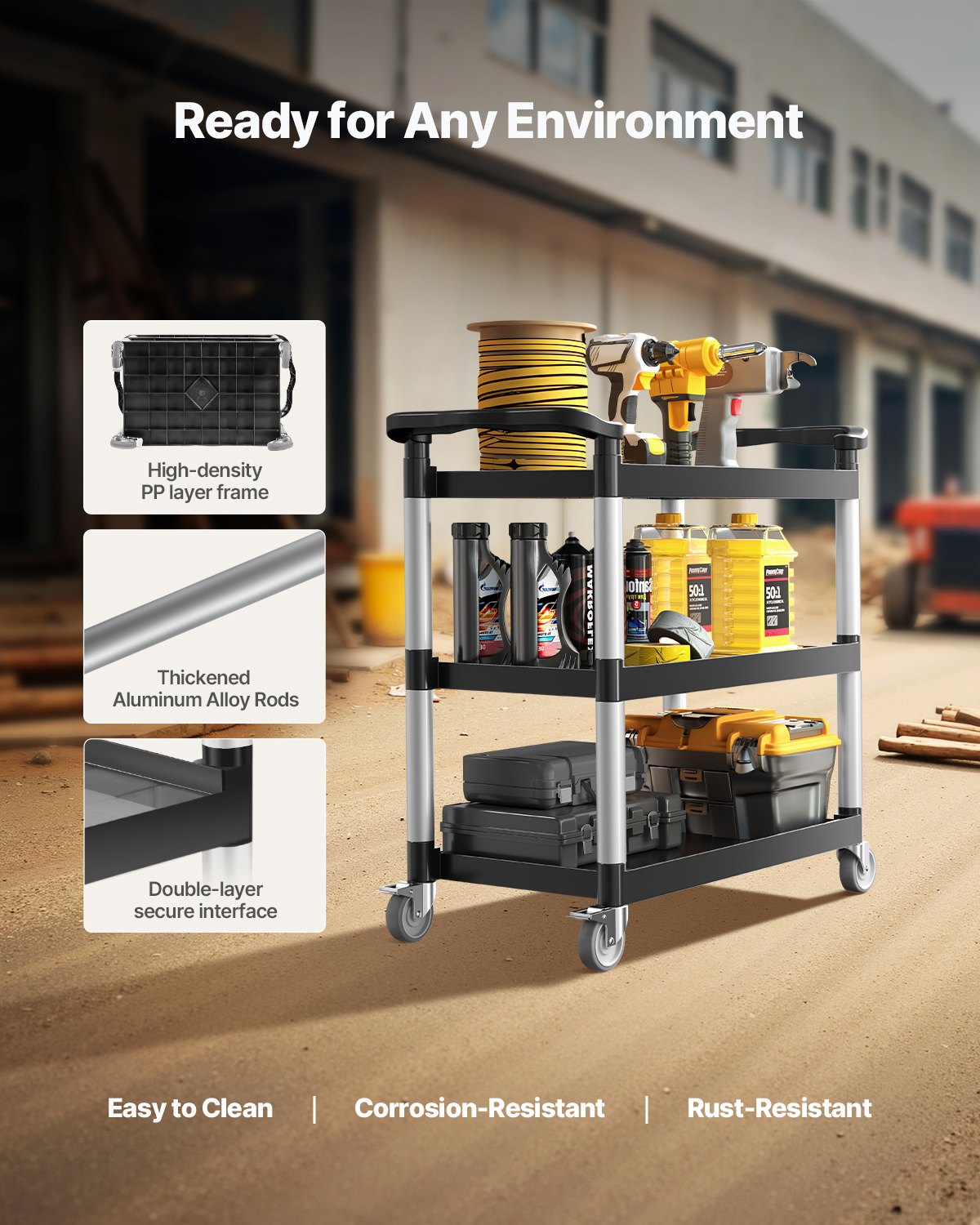 Utility Cart, 500 lbs Load Capacity, 3-tier Utility Plastic Cart with 360° Swivel Wheels (2 with Brakes), 31.1 x 19.3-inch Food Service Cart for Warehouse, Office, Home, Restaurant, Kitchen