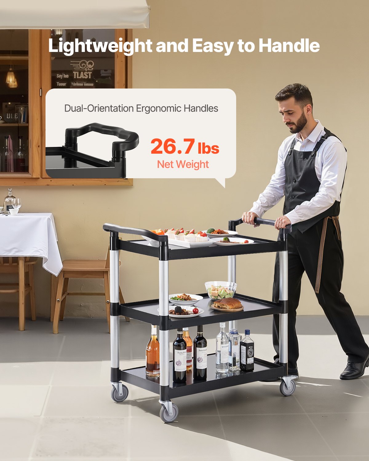 Utility Cart, 500 lbs Load Capacity, 3-tier Utility Plastic Cart with 360° Swivel Wheels (2 with Brakes), 31.1 x 19.3-inch Food Service Cart for Warehouse, Office, Home, Restaurant, Kitchen