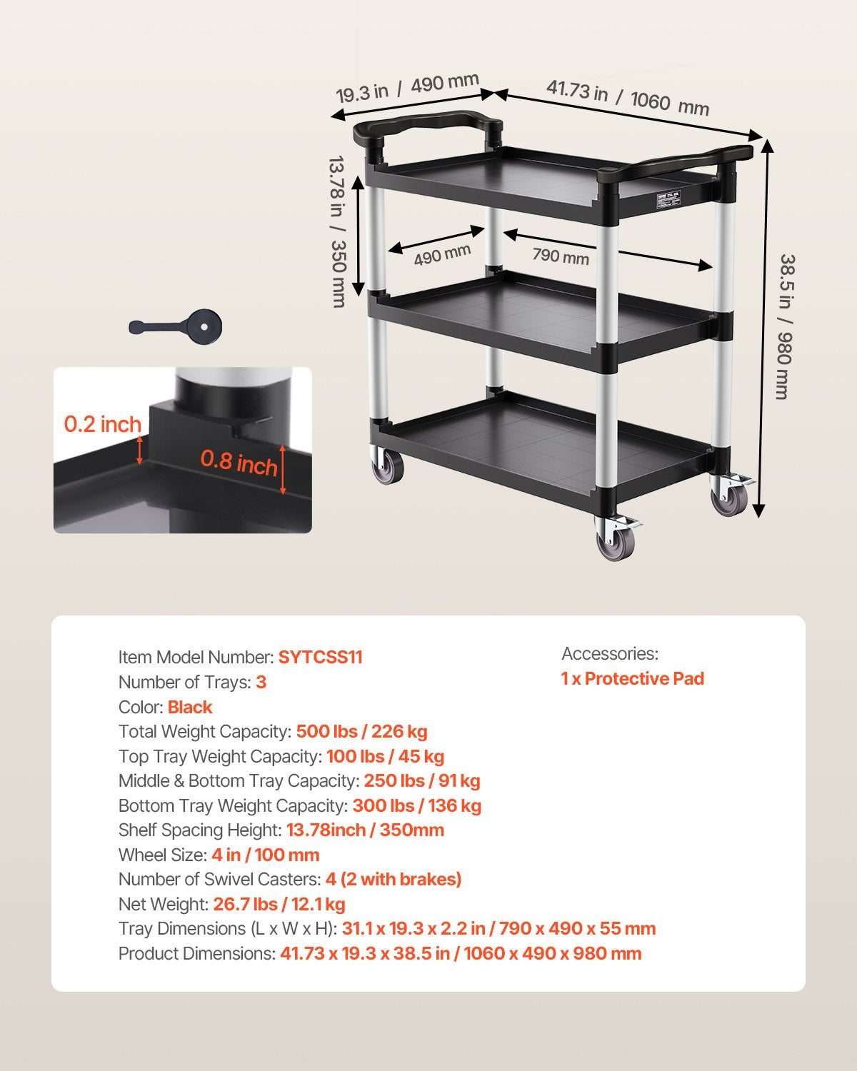 Utility Cart, 500 lbs Load Capacity, 3-tier Utility Plastic Cart with 360° Swivel Wheels (2 with Brakes), 31.1 x 19.3-inch Food Service Cart for Warehouse, Office, Home, Restaurant, Kitchen