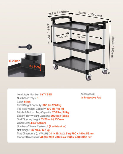 Utility Cart, 500 lbs Load Capacity, 3-tier Utility Plastic Cart with 360° Swivel Wheels (2 with Brakes), 31.1 x 19.3-inch Food Service Cart for Warehouse, Office, Home, Restaurant, Kitchen