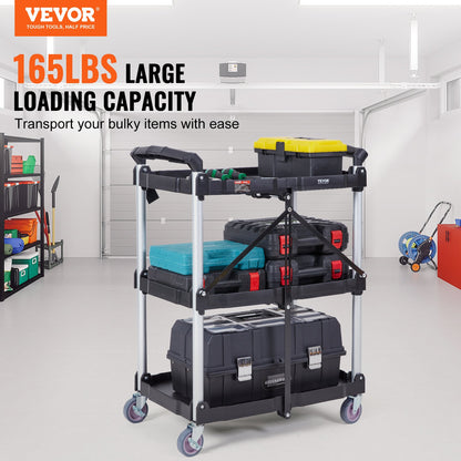 Foldable Utility Service Cart, 3 Shelves 165LBS Heavy Duty Plastic Rolling Cart with Lockable Wheels, Ergonomic Handle, Portable Garage Tool Cart for Warehouse/Office/Home(25.62"x15.43"x32.76")