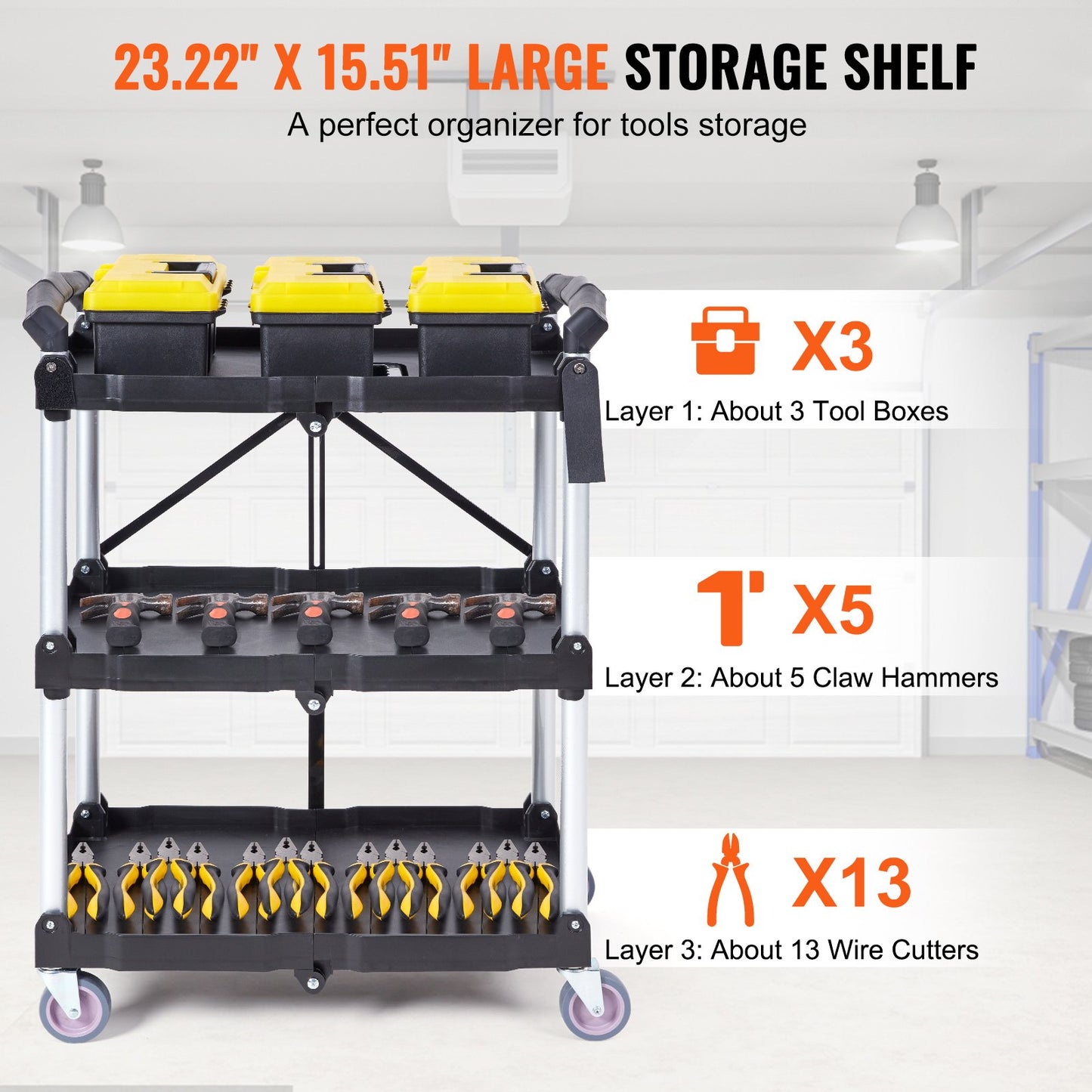 Foldable Utility Service Cart, 3 Shelves 165LBS Heavy Duty Plastic Rolling Cart with Lockable Wheels, Ergonomic Handle, Portable Garage Tool Cart for Warehouse/Office/Home(25.62"x15.43"x32.76")