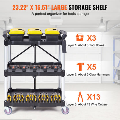 Foldable Utility Service Cart, 3 Shelves 165LBS Heavy Duty Plastic Rolling Cart with Lockable Wheels, Ergonomic Handle, Portable Garage Tool Cart for Warehouse/Office/Home(25.62"x15.43"x32.76")