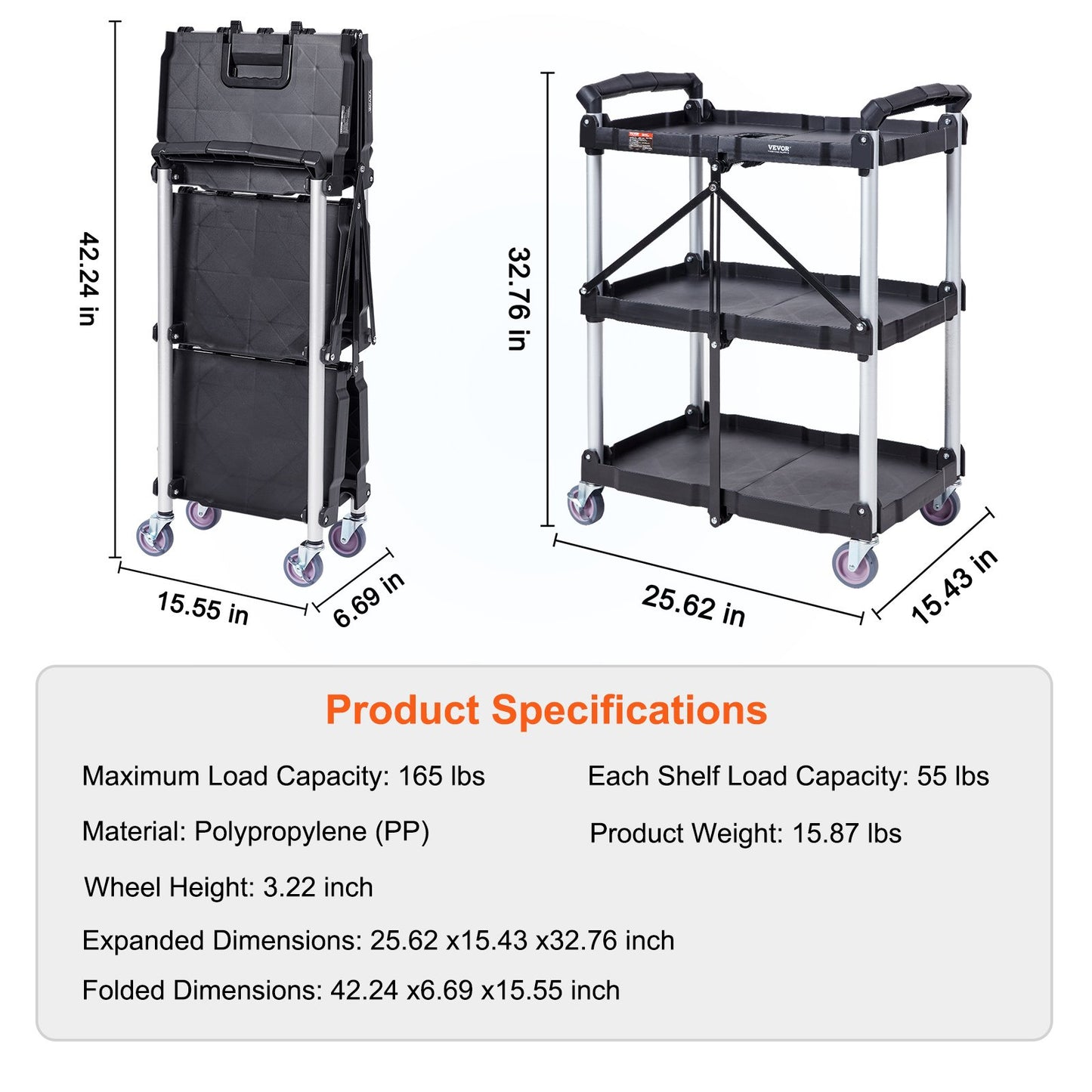 Foldable Utility Service Cart, 3 Shelves 165LBS Heavy Duty Plastic Rolling Cart with Lockable Wheels, Ergonomic Handle, Portable Garage Tool Cart for Warehouse/Office/Home(25.62"x15.43"x32.76")