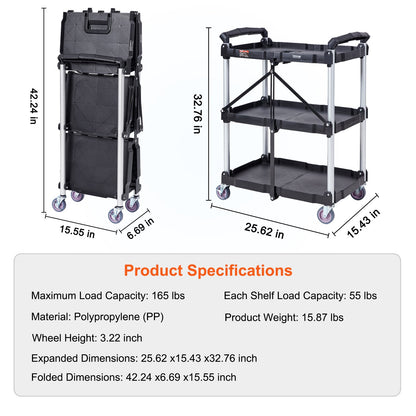 Foldable Utility Service Cart, 3 Shelves 165LBS Heavy Duty Plastic Rolling Cart with Lockable Wheels, Ergonomic Handle, Portable Garage Tool Cart for Warehouse/Office/Home(25.62"x15.43"x32.76")