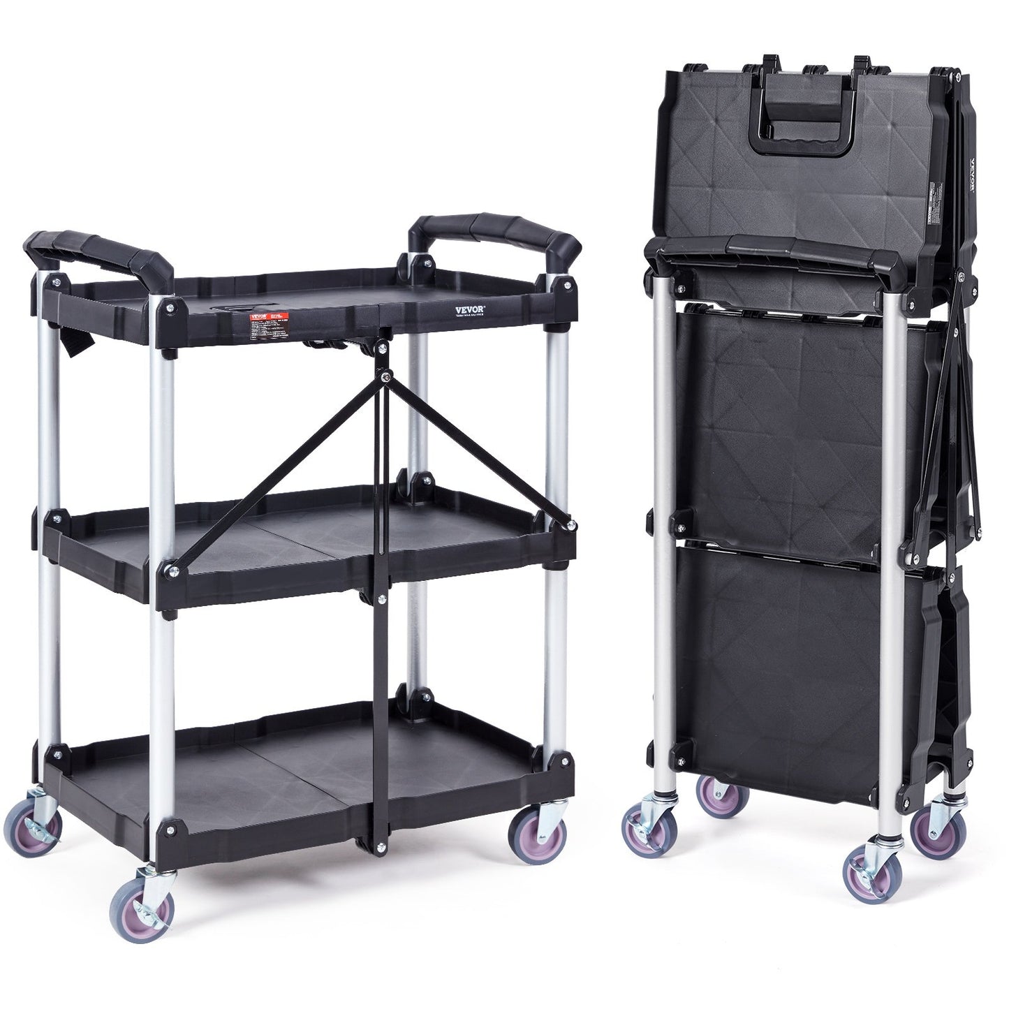 Foldable Utility Service Cart, 3 Shelves 165LBS Heavy Duty Plastic Rolling Cart with Lockable Wheels, Ergonomic Handle, Portable Garage Tool Cart for Warehouse/Office/Home(25.62"x15.43"x32.76")