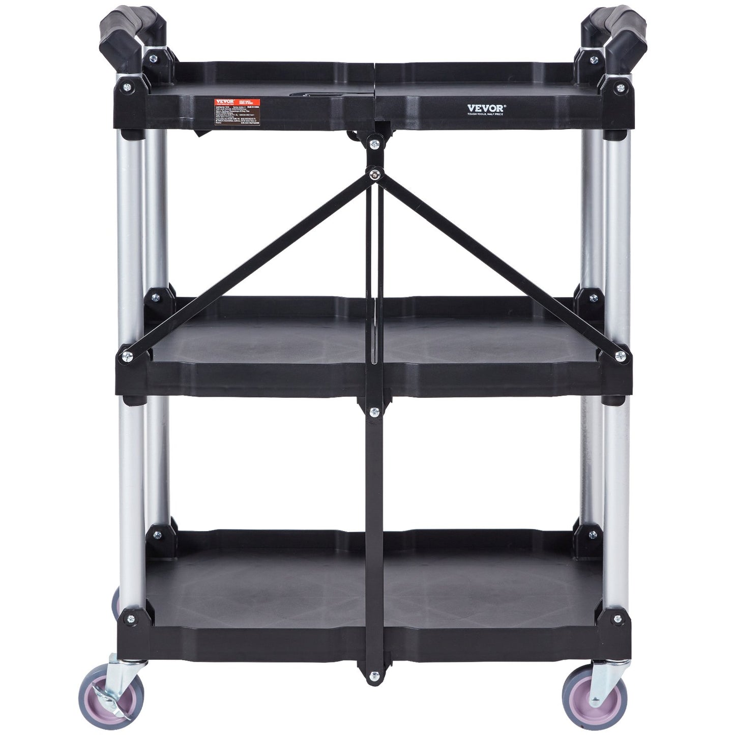 Foldable Utility Service Cart, 3 Shelves 165LBS Heavy Duty Plastic Rolling Cart with Lockable Wheels, Ergonomic Handle, Portable Garage Tool Cart for Warehouse/Office/Home(25.62"x15.43"x32.76")