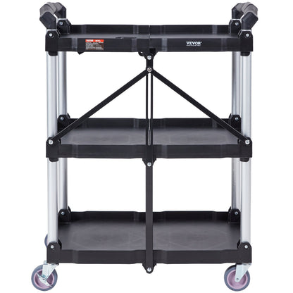 Foldable Utility Service Cart, 3 Shelves 165LBS Heavy Duty Plastic Rolling Cart with Lockable Wheels, Ergonomic Handle, Portable Garage Tool Cart for Warehouse/Office/Home(25.62"x15.43"x32.76")