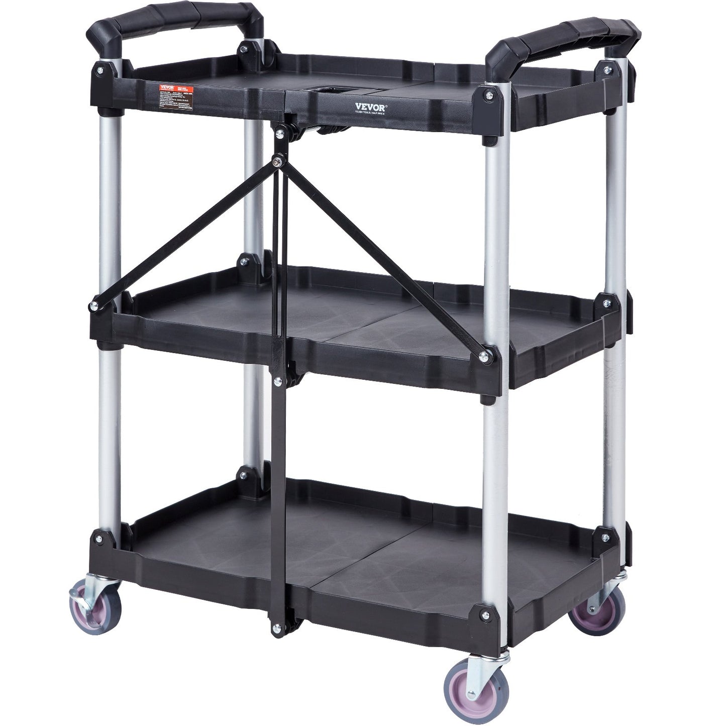 Foldable Utility Service Cart, 3 Shelves 165LBS Heavy Duty Plastic Rolling Cart with Lockable Wheels, Ergonomic Handle, Portable Garage Tool Cart for Warehouse/Office/Home(25.62"x15.43"x32.76")