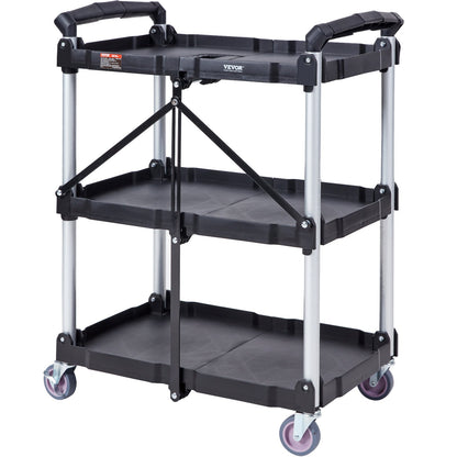 Foldable Utility Service Cart, 3 Shelves 165LBS Heavy Duty Plastic Rolling Cart with Lockable Wheels, Ergonomic Handle, Portable Garage Tool Cart for Warehouse/Office/Home(25.62"x15.43"x32.76")