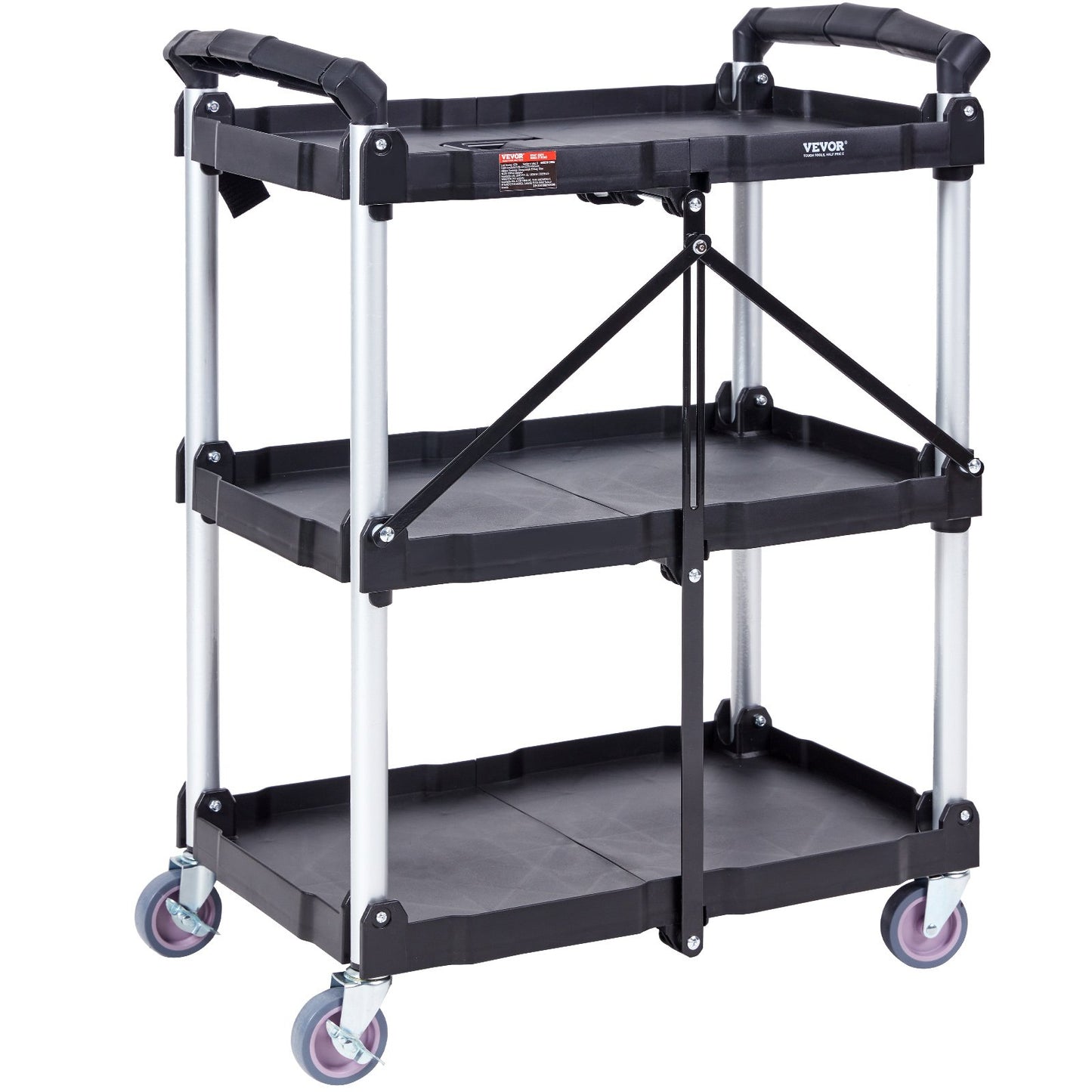 Foldable Utility Service Cart, 3 Shelves 165LBS Heavy Duty Plastic Rolling Cart with Lockable Wheels, Ergonomic Handle, Portable Garage Tool Cart for Warehouse/Office/Home(25.62"x15.43"x32.76")