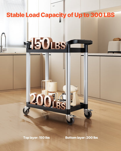 Utility Cart, 300 lbs Load Capacity, 2-tier Utility Plastic Cart with 360° Swivel Wheels (2 with Brakes), 24.4 x 16.1-inch Food Service Cart for Warehouse, Office, Home, Restaurant, Kitchen