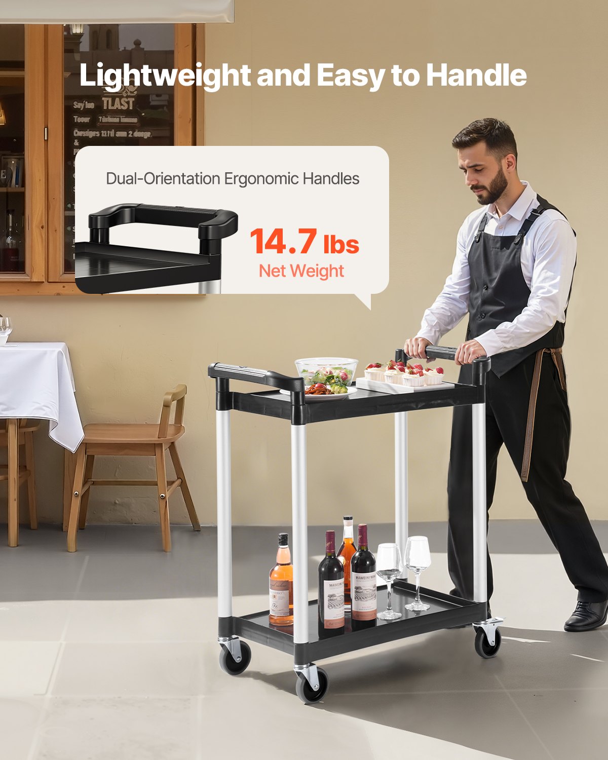 Utility Cart, 300 lbs Load Capacity, 2-tier Utility Plastic Cart with 360° Swivel Wheels (2 with Brakes), 24.4 x 16.1-inch Food Service Cart for Warehouse, Office, Home, Restaurant, Kitchen