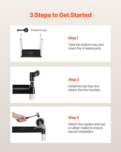 Utility Cart, 300 lbs Load Capacity, 2-tier Utility Plastic Cart with 360° Swivel Wheels (2 with Brakes), 24.4 x 16.1-inch Food Service Cart for Warehouse, Office, Home, Restaurant, Kitchen