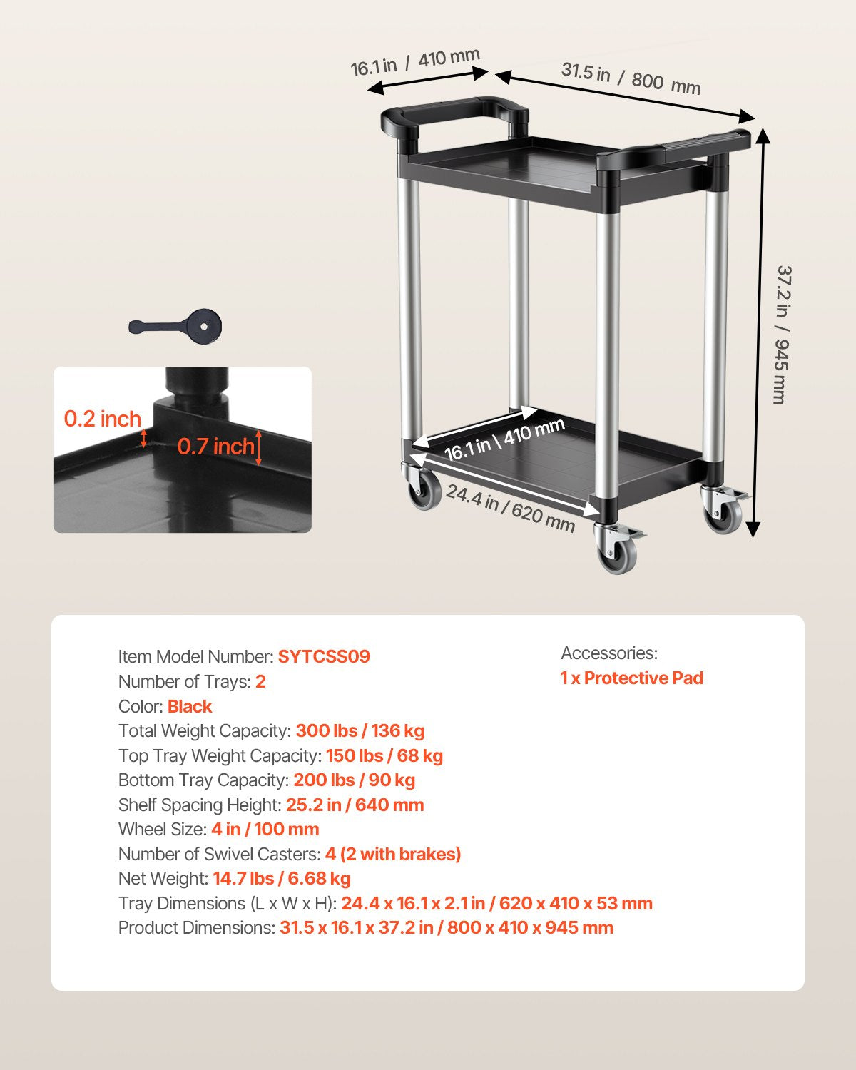 Utility Cart, 300 lbs Load Capacity, 2-tier Utility Plastic Cart with 360° Swivel Wheels (2 with Brakes), 24.4 x 16.1-inch Food Service Cart for Warehouse, Office, Home, Restaurant, Kitchen