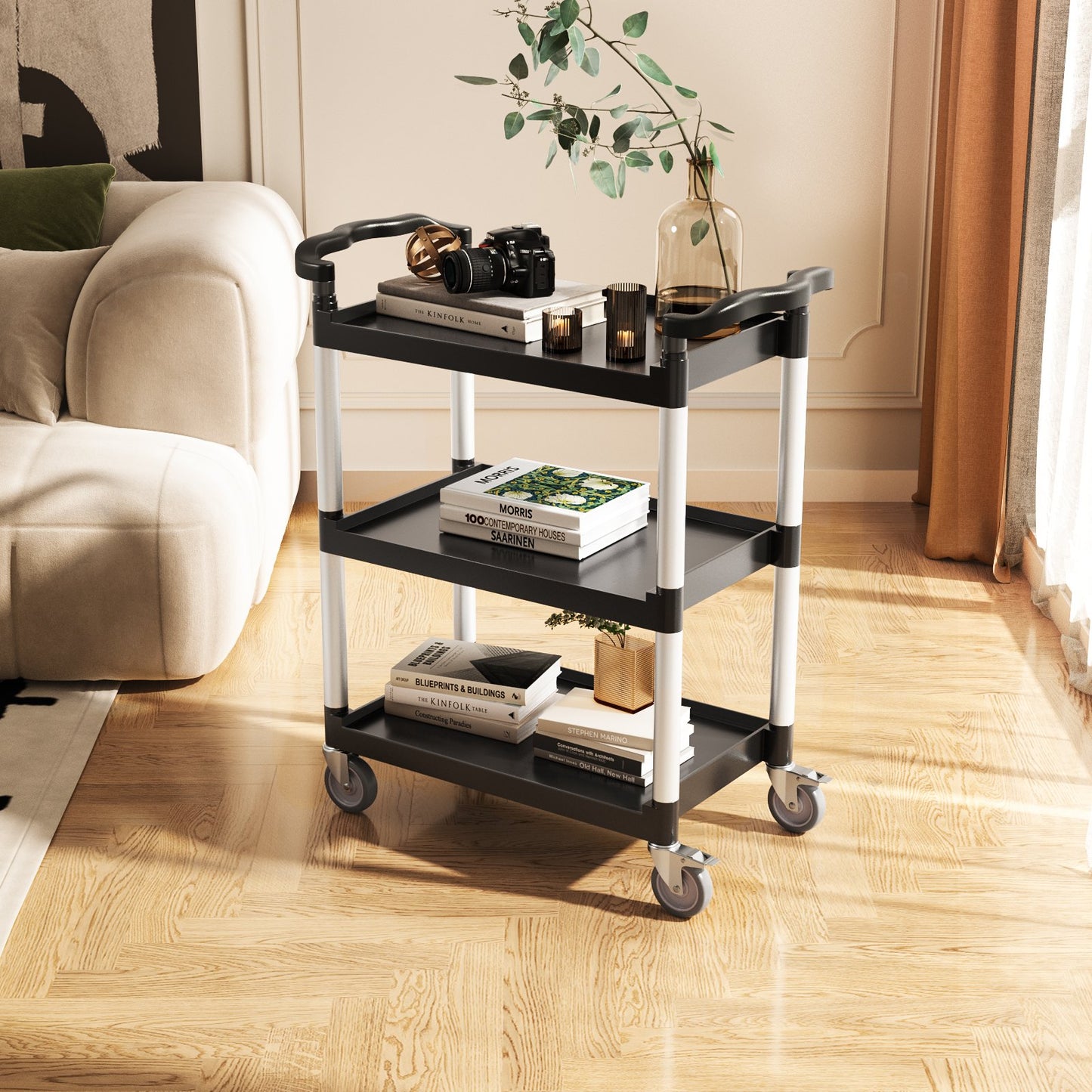 Utility Cart, 300 lbs Load Capacity, 2-tier Utility Plastic Cart with 360° Swivel Wheels (2 with Brakes), 24.4 x 16.1-inch Food Service Cart for Warehouse, Office, Home, Restaurant, Kitchen