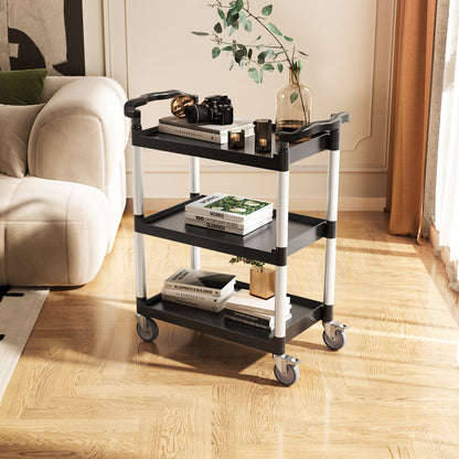 Utility Cart, 300 lbs Load Capacity, 2-tier Utility Plastic Cart with 360° Swivel Wheels (2 with Brakes), 24.4 x 16.1-inch Food Service Cart for Warehouse, Office, Home, Restaurant, Kitchen