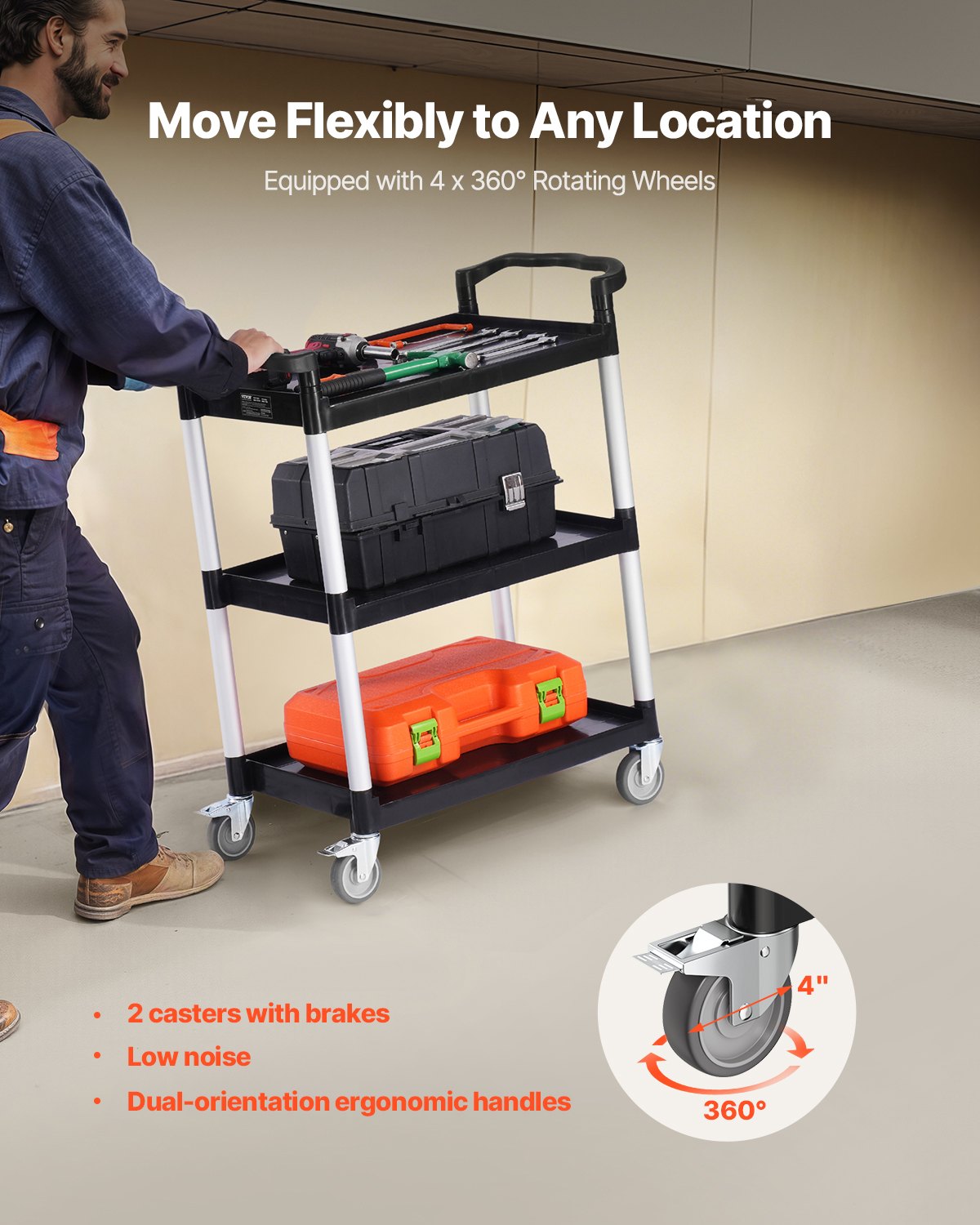 Utility Cart, 300 lbs Load Capacity, 3-tier Utility Plastic Cart with 360° Swivel Wheels (2 with Brakes), 24.4 x 16.1-inch Food Service Cart for Warehouse, Office, Home, Restaurant, Kitchen