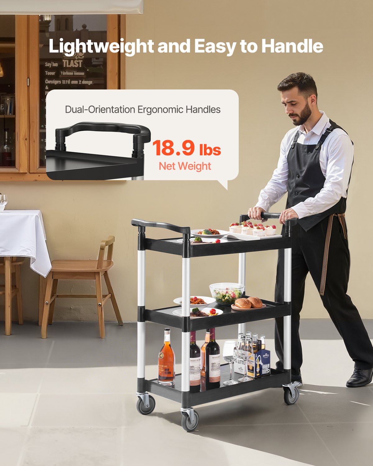 Utility Cart, 300 lbs Load Capacity, 3-tier Utility Plastic Cart with 360° Swivel Wheels (2 with Brakes), 24.4 x 16.1-inch Food Service Cart for Warehouse, Office, Home, Restaurant, Kitchen