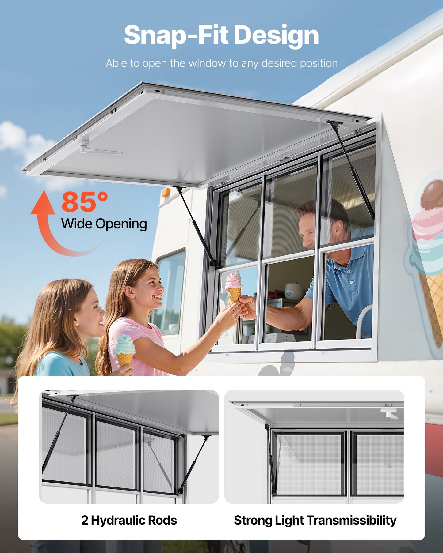 Concession Window 60x36 in, Aluminum Alloy Service Window for Food Truck, Up to 85 Degrees Stand Serving Window with 6 Sliding Windows, Awning Door, and Drag Hook, for Concession Trailers