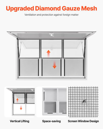 Concession Window 60x36 in, Aluminum Alloy Service Window for Food Truck, Up to 85 Degrees Stand Serving Window with 6 Sliding Windows, Awning Door, and Drag Hook, for Concession Trailers