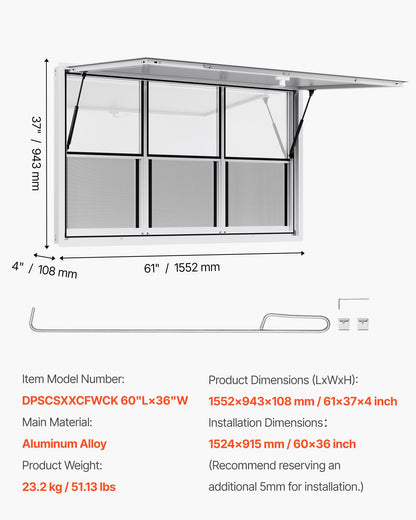 Concession Window 60x36 in, Aluminum Alloy Service Window for Food Truck, Up to 85 Degrees Stand Serving Window with 6 Sliding Windows, Awning Door, and Drag Hook, for Concession Trailers