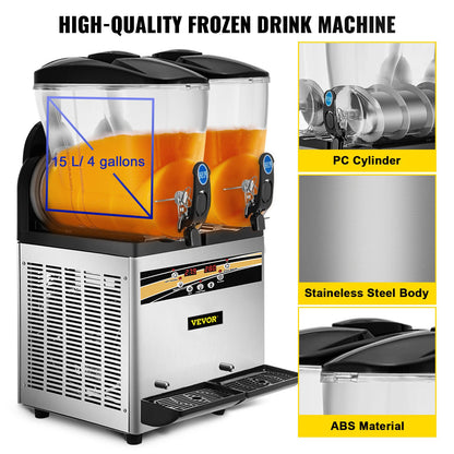 Slush Frozen Drink Machine, 2x15L Tank Commercial Margarita Machine, 890W rostfritt stål Margarita Slush Maker, Temperatur Slush 25°F till 30°F Drink Maker, Perfekt för restauranger Kaféer Barer