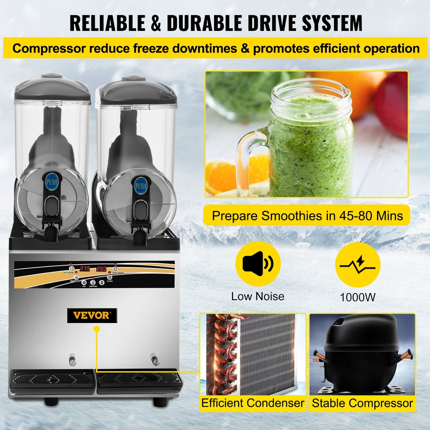 Slush Frozen Drink Machine, 2x15L Tank Commercial Margarita Machine, 890W rostfritt stål Margarita Slush Maker, Temperatur Slush 25°F till 30°F Drink Maker, Perfekt för restauranger Kaféer Barer
