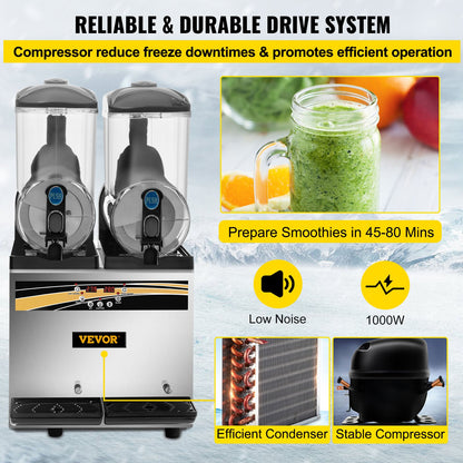 Slush Frozen Drink Machine, 2x15L Tank Commercial Margarita Machine, 890W rostfritt stål Margarita Slush Maker, Temperatur Slush 25°F till 30°F Drink Maker, Perfekt för restauranger Kaféer Barer